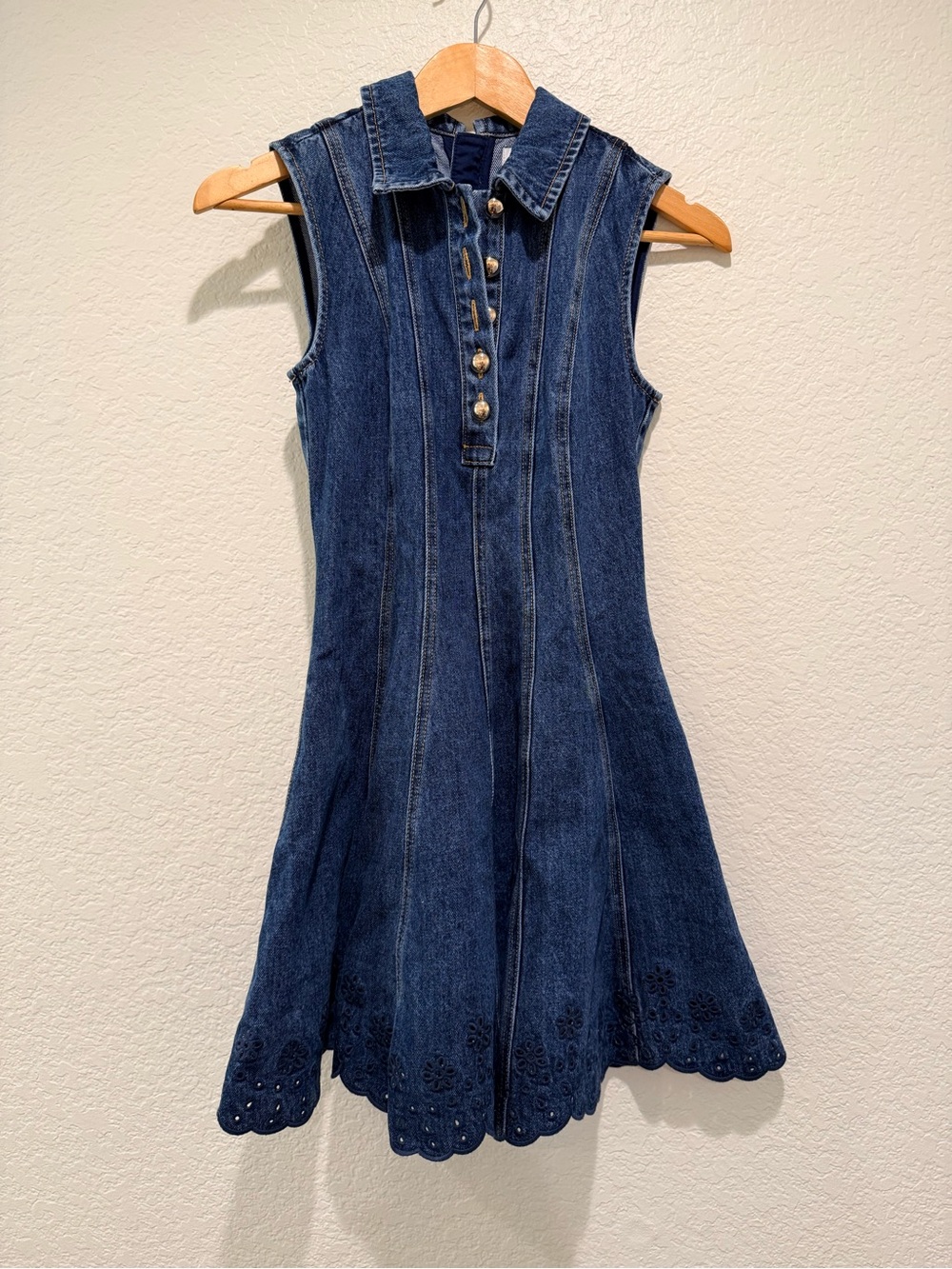 Self-Portrait Denim Broderie Mini Dress NWT Size 0 Blue Eyelet - Picture 2 of 6
